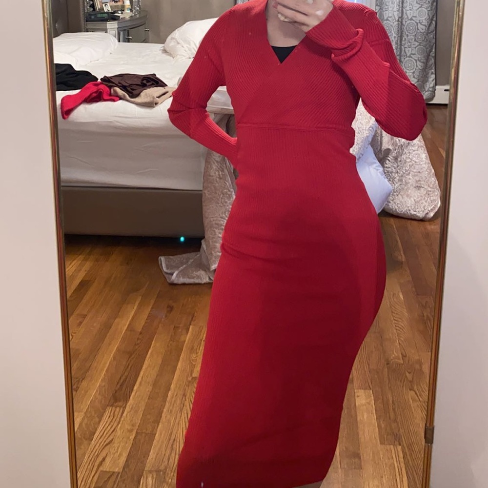 Zara Ribbed Bodycon Long Sleeve Red Midi/Maxi Dress